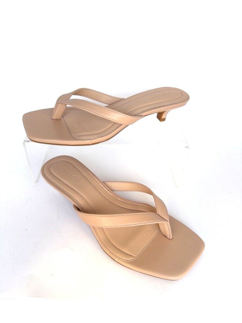 Open Edit Tan Cream Editori Kitten Heel Sandals Square Toe Slides Size 6M